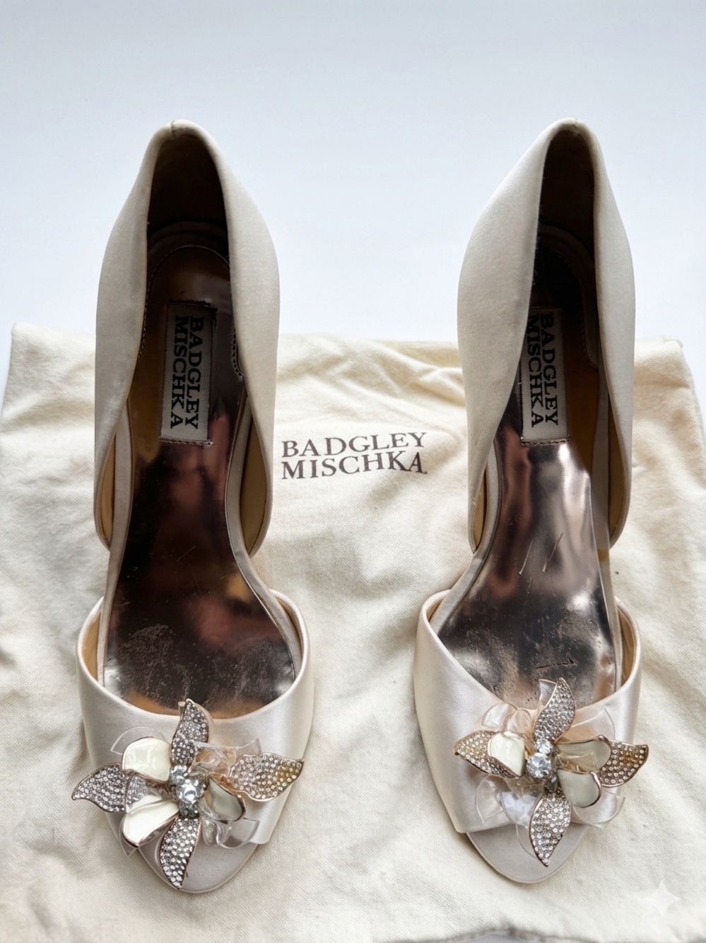 Badgley Mischka Ivory Satin Peep-Toe Heels with Crystal Flower Accent